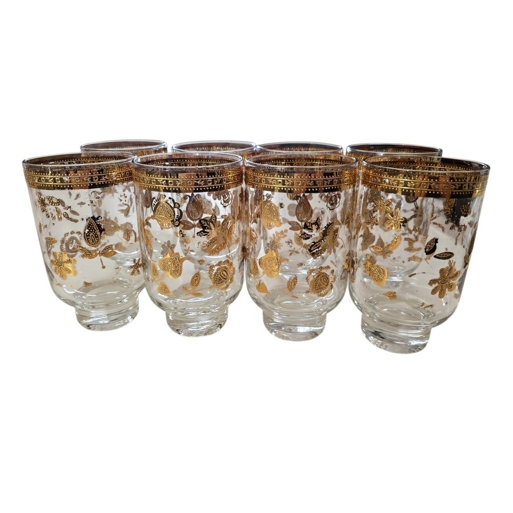 Culver Gold Encrusted Floral Tumbler Glasses‎ Set of 8 Hollywood Regency Read!!